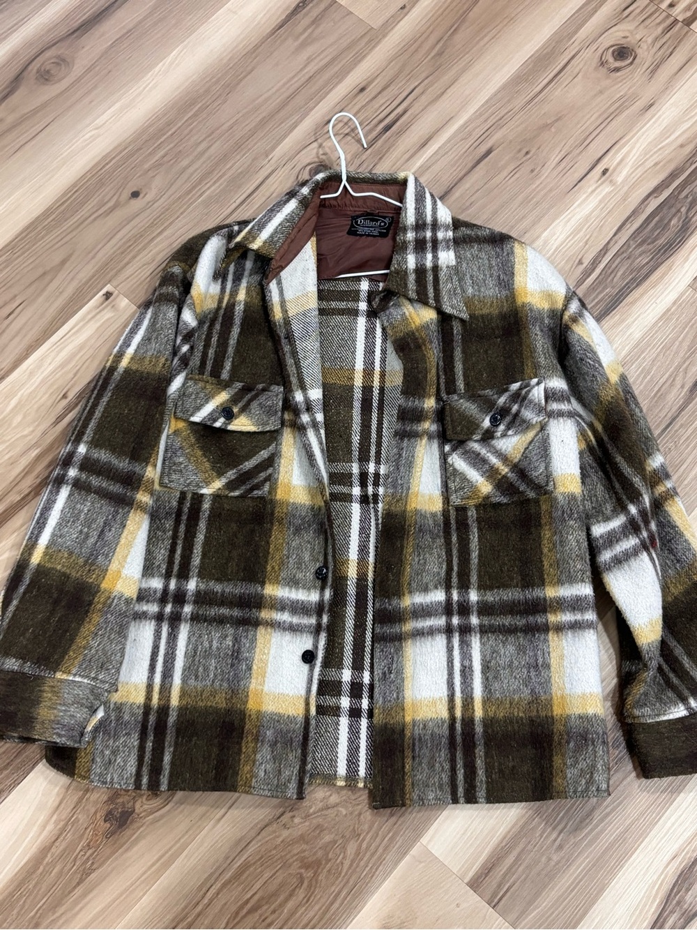 Vintage 70s  Chocolate , Yellow & White Plaid Wool-Blend Utility Jacket Rare